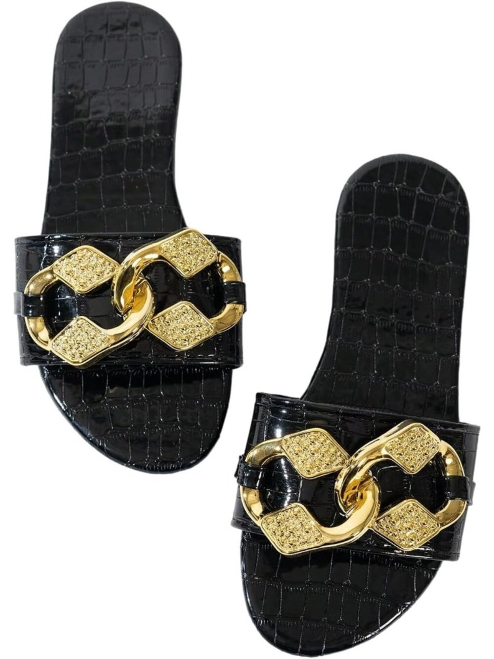 🆕Women's Black 1 Gold Chain Crocodile Embossed Sandals Dressy Metallic Flat